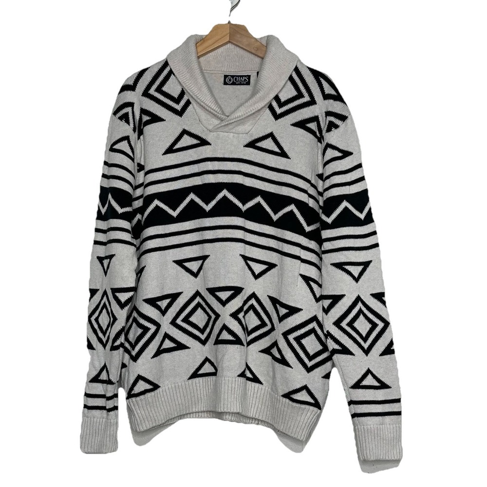 Chaps XL Sweater Men Southwestern Aztec Black White 100% Cotton Pullover